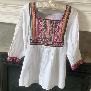 Anthropologie White Tunic with Multicolor Embroidered Yoke